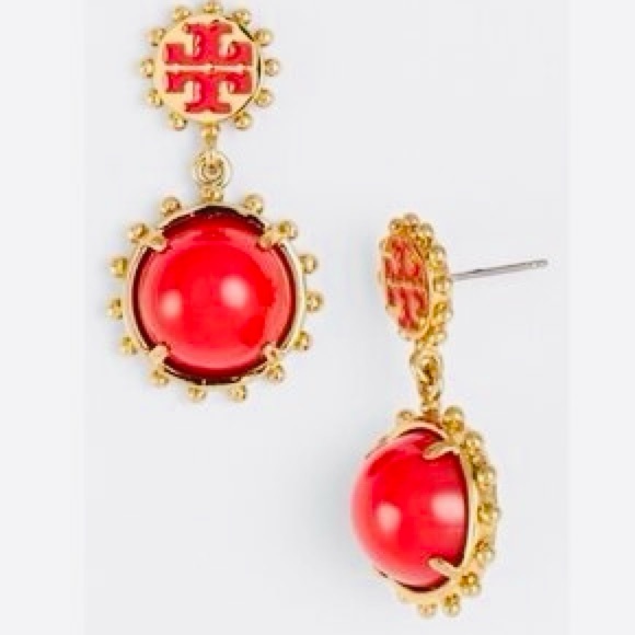 TORY BURCH WINSLOW RED + GOLD DROP EARRINGS - Picture 2 of 8